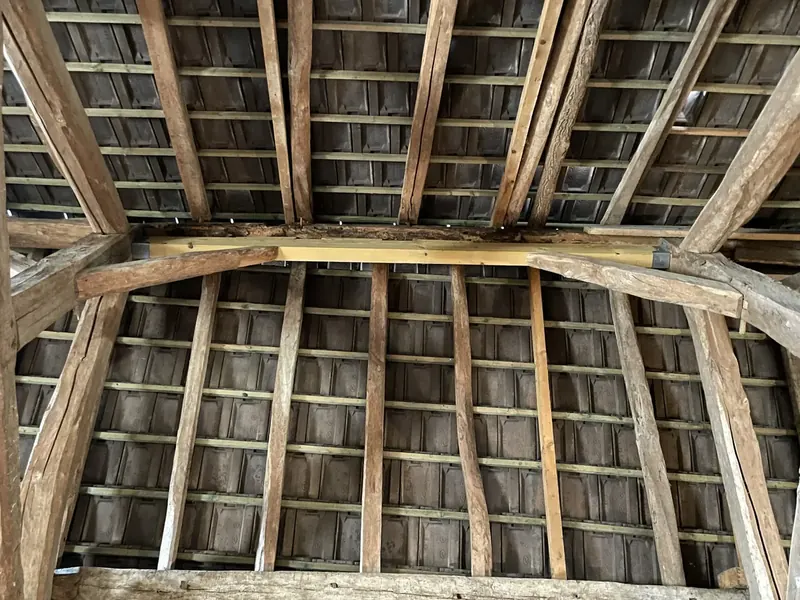 Vue d'ensemble du solivage ancien et des pièces de renfort en bois clair. Boissy-sans-Avoir (78)