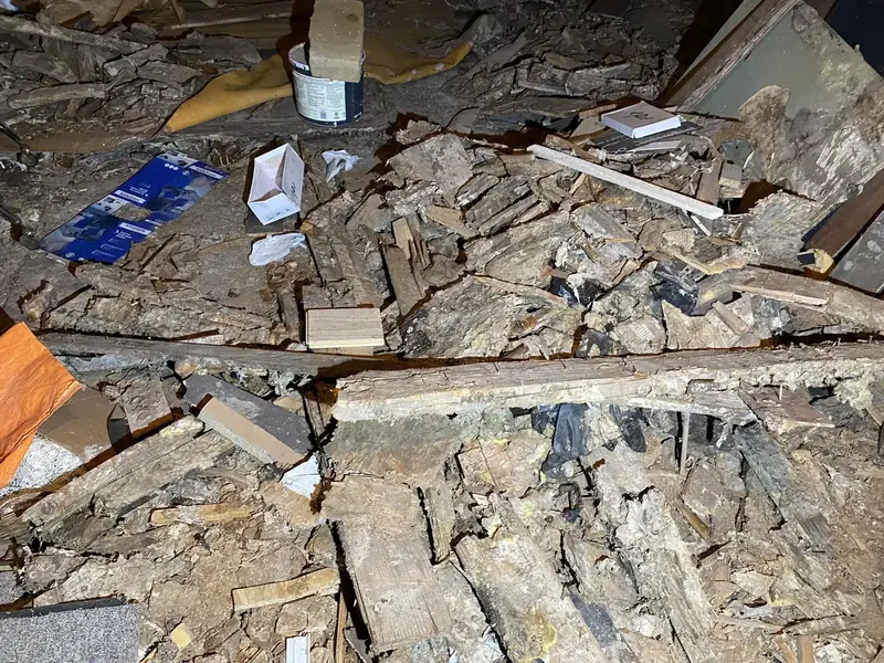 Plancher effondré, solives et lames tombées au sol. Nogent-sur-Vernisson (45)